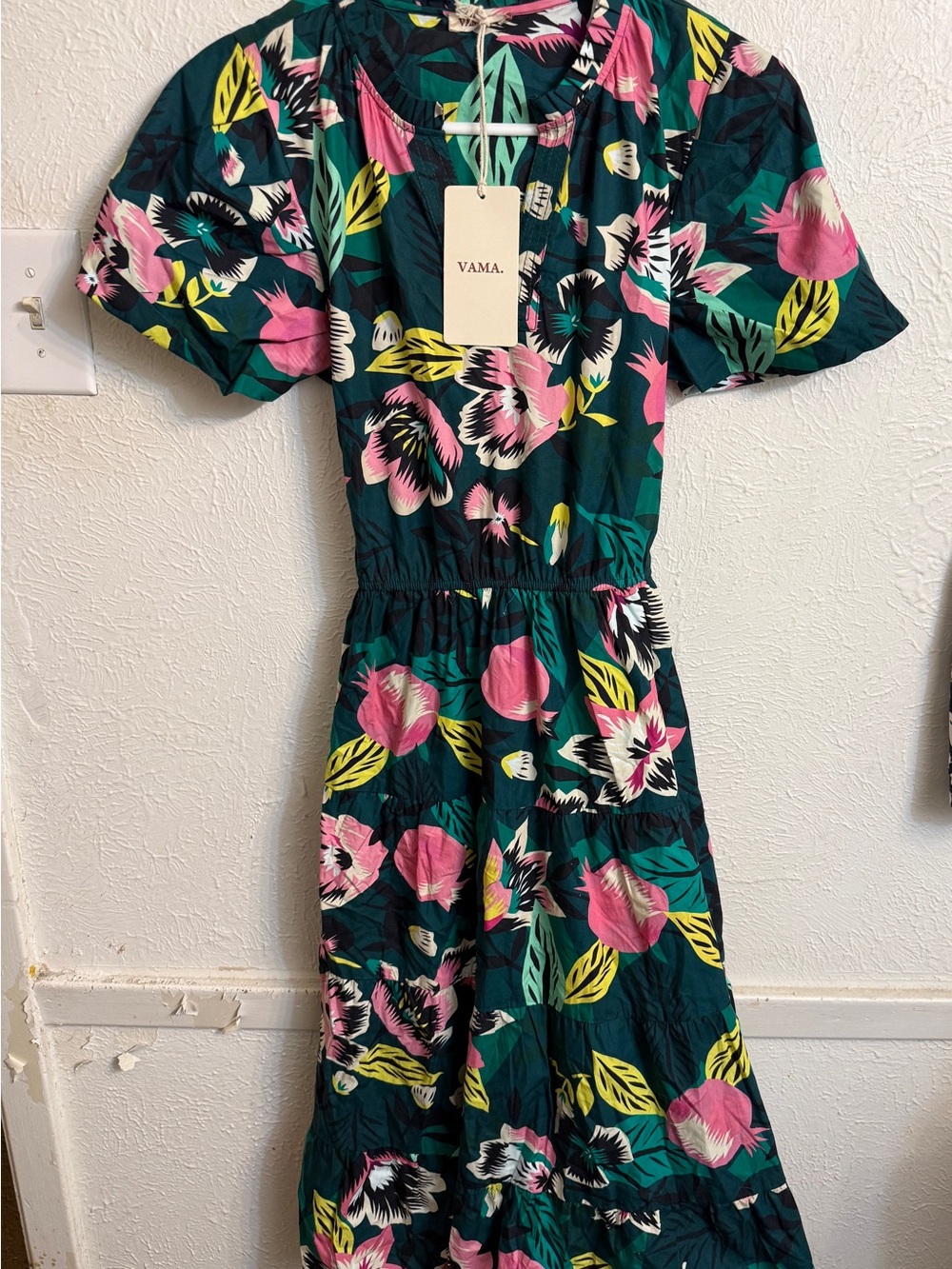 Green Floral Midi Dress with Pink & Yellow Accents